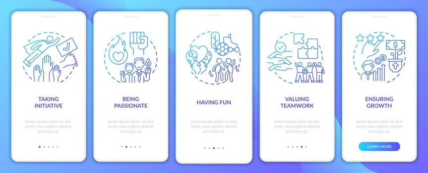 Basic business core values onboarding mobile app page screen with concepts vector