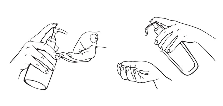 Disinfection of hands. Hand-drawn vector illustration. Alcohol gel bottle for cleaning and disinfection. Hand press disinfectant. Vector illustration