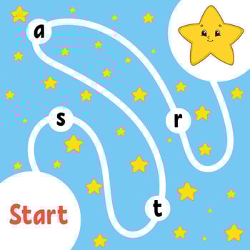 Logic puzzle game. Cartoon star. Learning words for kids. Find the hidden name. Education developing worksheet. Activity page for study English. Isolated vector illustration. Cartoon style.