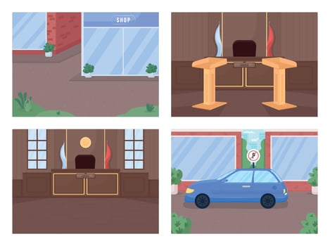 Courthouse and crime area flat color vector illustration set