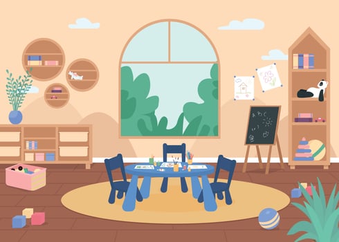 Kindergarten painting class flat color vector illustration