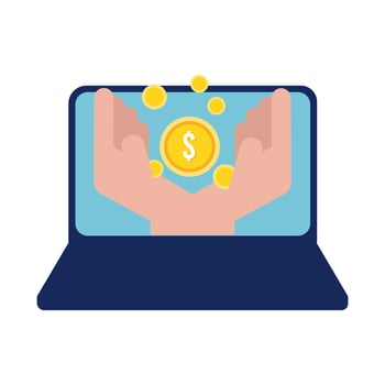 laptop with hands lifting coin flat style icon vector