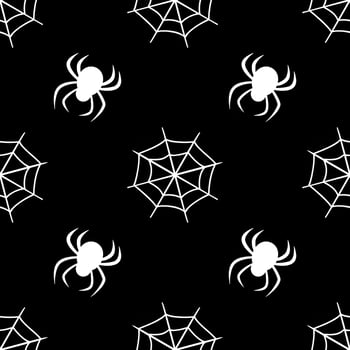 Cute seamless pattern with white cobwebs and spiders on a black background. Halloween party decoration. Bright print for paper, textiles and design vector