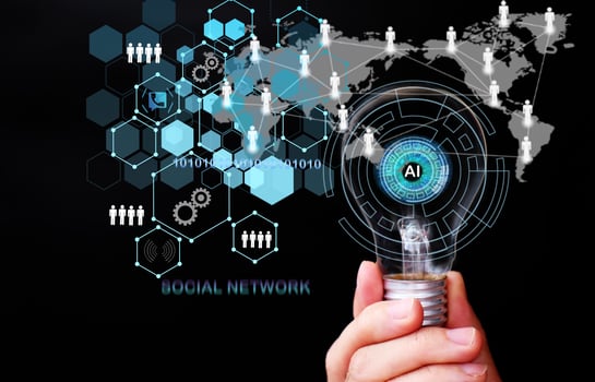 Hand holding futuristic light bulb big data and digital transformation technology strategy photo