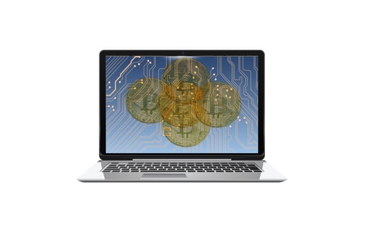 Cryptocurrency coins on computer screen on white photo