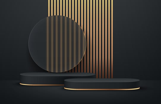 Luxury black and gold round podium with transparent glass and vertical golden stripes background. vector