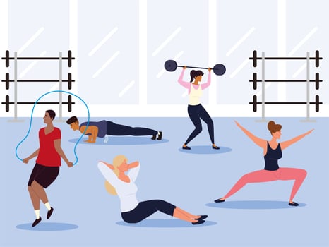 people exercising at gym vector
