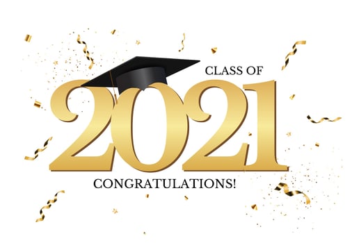 Graduation class of 2021 with graduation cap hat and confetti and golden ribbon. Vector Illustration