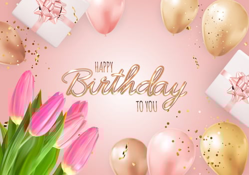 Happy Party Birthday Background with Realistic Balloons, Tulips, gift box and confetti. Vector Illustration