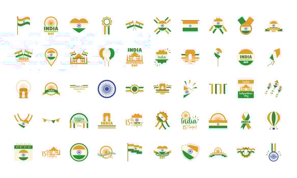 happy independence day india freeedom celebration national icons set flat style vector