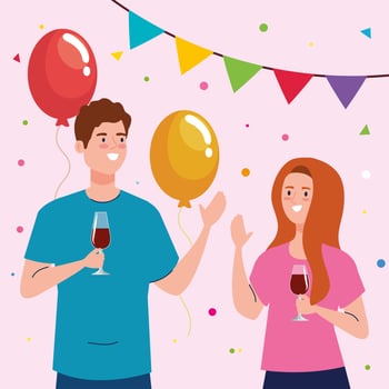 happy couple, woman and man celebrating holiday party with garlands and balloons helium decoration vector