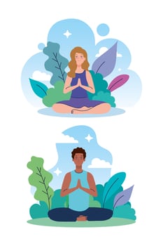 couple meditating in nature and leaves, concept for yoga, meditation, relax, healthy lifestyle vector
