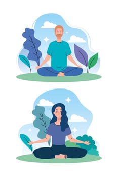 couple meditating in nature and leaves, concept for yoga, meditation, relax, healthy lifestyle vector