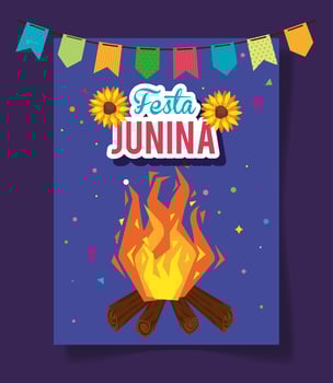 festa junina poster with bonfire and garland hanging vector