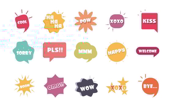 slang bubbles different words and phrases in multicolor cartoon cool sorry omg flat icons set vector
