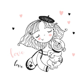 Cute girl in a beret with her dog vector