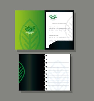 corporate identity brand mockup, notebook and brochure green mockup, green company sign vector