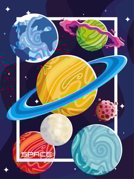space, moon, planets, asteroid, cosmos galaxy dark background vector