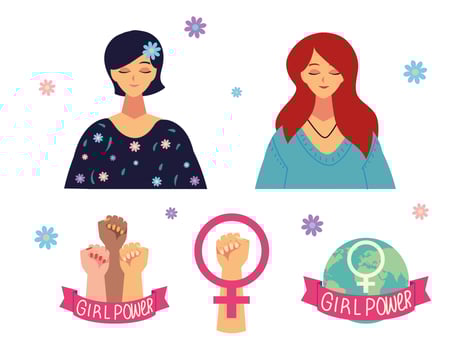 womens day, portrait of character female cartoon gender and hands raised, girl power vector