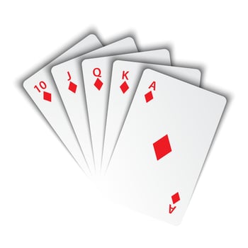 A royal flush of diamonds on white background, winning hands of poker cards, casino playing cards, vector poker symbols