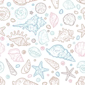 Vector sketching illustrations. Seamless pattern of seashells.