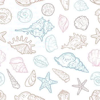 Vector sketching illustrations. Seamless pattern of seashells.