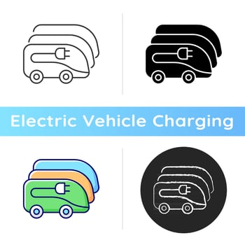 Charging in electric bus depot icon. Human transportation electronical vehicles. Ecological way of tourism. Natural fuel. Linear black and RGB color styles. Isolated vector illustrations