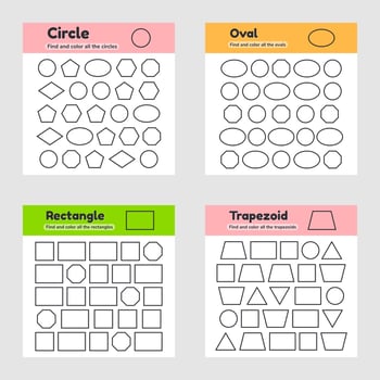 Educational worksheet for kids kindergarten, preschool and school age. Geometric shapes. Find and color. vector