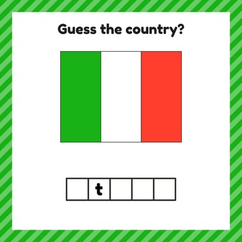 Worksheet on geography for preschool and school kids. Crossword. Italy flag. Cuess the country. vector