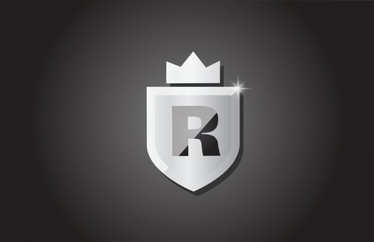 Creative shield R alphabet letter icon logo in grey color. Corporate business design for company template identity with king crown and light spark vector