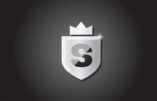 Creative shield S alphabet letter icon logo in grey color. Corporate business design for company template identity with king crown and light spark vector