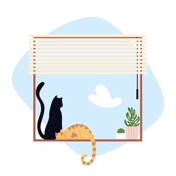 cats sitting on window with blinds and potted plant vector