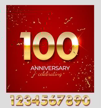 Anniversary celebration decoration. Golden number 100 with confetti, glitters and streamer ribbons on red background. Vector illustration