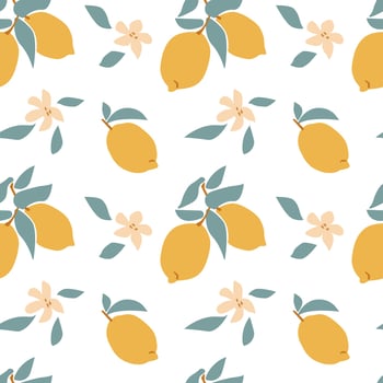Seamless pattern of fresh fruit yellow lemon with green leaf, flower, slice in hand drawing style isolated on white background. Vector flat illustration.Design for textile, wallpaper, wrapping