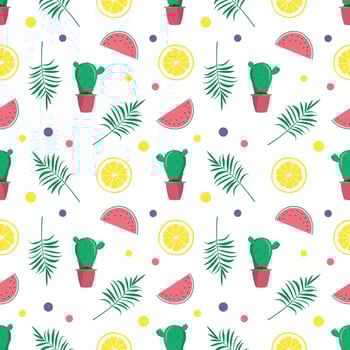 Cute bright seamless summer pattern with watermelons, lemon, cactus. Decorative elements for printing, textiles, wrapping paper and design vector