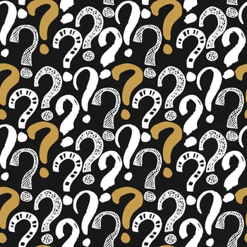 Questions marks seamless pattern. Hand drawn sketched doodle signs, grunge textured retro background. Vintage typography design print, vector illustration