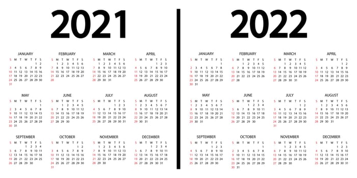 Calendar 2021-2022. The week starts on Sunday. 2021 and 2022 annual calendar template. 12 months yearly calendar set in 2021 and 2022 design in black and white colors. Sunday in red colors vector