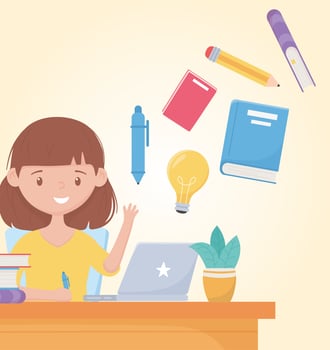 education online student girl with laptop books and plant vector