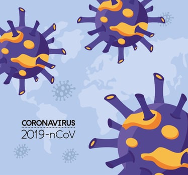 covid 19 particles with lettering poster vector