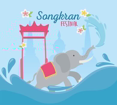 songkran festival elephant and gate landmark thai card vector