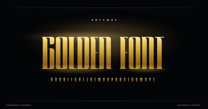 Golden luxurious alphabet. Elite and premium style font for logo, elegant monogrm and decorative lettering. Luxury fracture design, vector typographic design