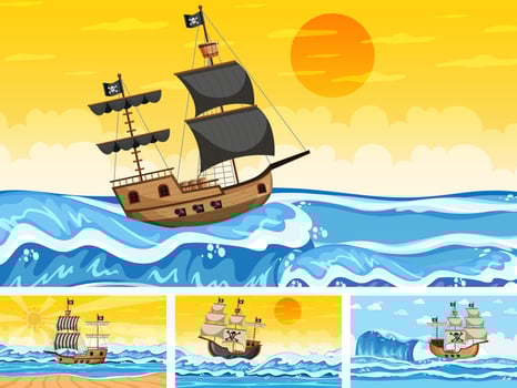 Set of different beach scenes with pirate ship and pirate cartoon character vector