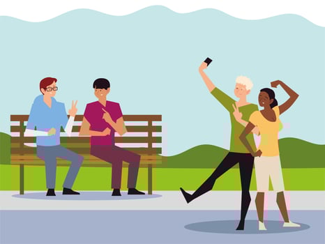 people outdoor activity, couple taking selfie and men sitting on bench park vector
