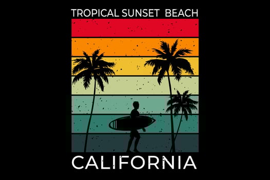 T-shirt tropical sunset beach california surf retro style vector