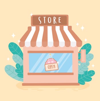 we are open sign, store exterior window board and leaves foliage vector