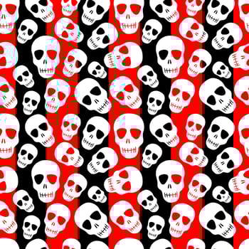 a skull pattern on a black-and-red striped background.Seamless pattern with white skulls.Design for Halloween party, printing, textiles, paper. Vector illustration