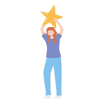 young woman with huge star character cartoon white background vector
