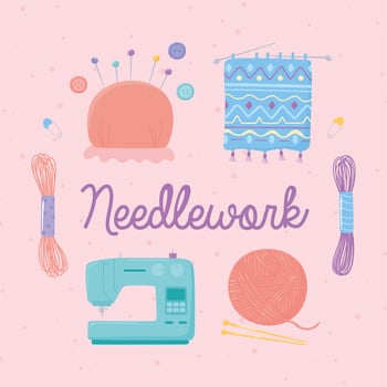 needlework machine wool ball pins and handmade clothes vector