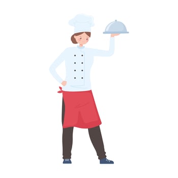 female chef with dish and red apron character icon vector