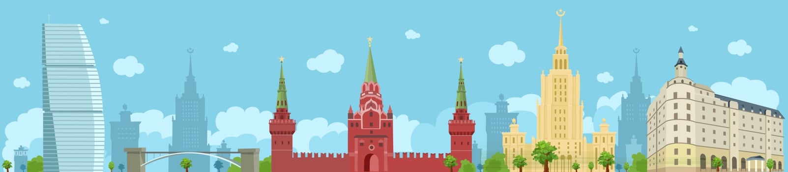 Panorama of Moscow with the Kremlin, the Stalinist skyscraper, a hotel. Sights of Moscow. Vector flat illustration
